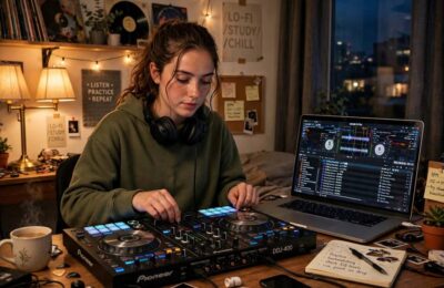Beginner learning how to become a DJ on a controller in a home studio