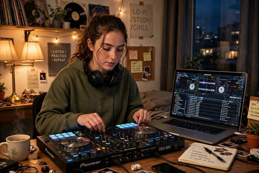 Beginner learning how to become a DJ on a controller in a home studio