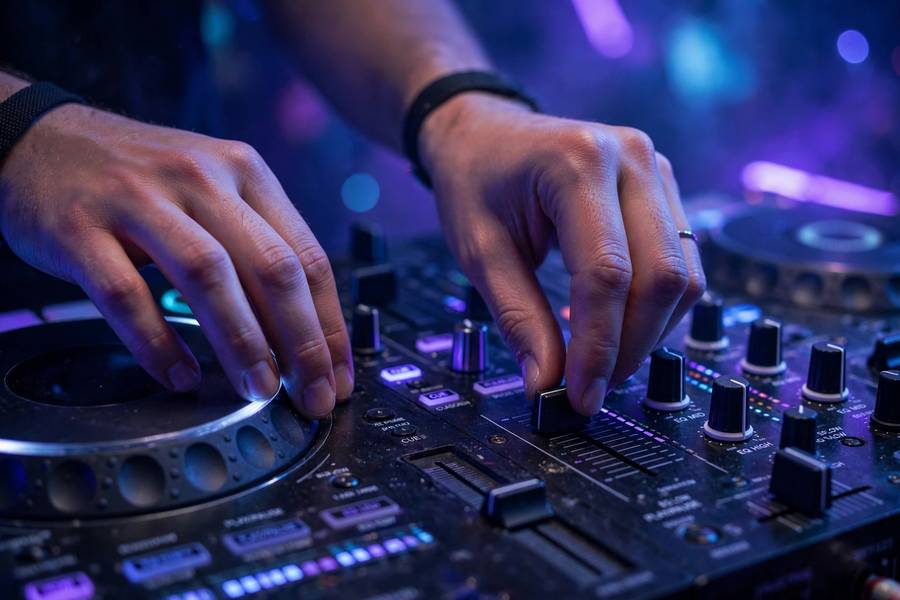 Hands mixing on DJ jog wheels while learning how to become a DJ