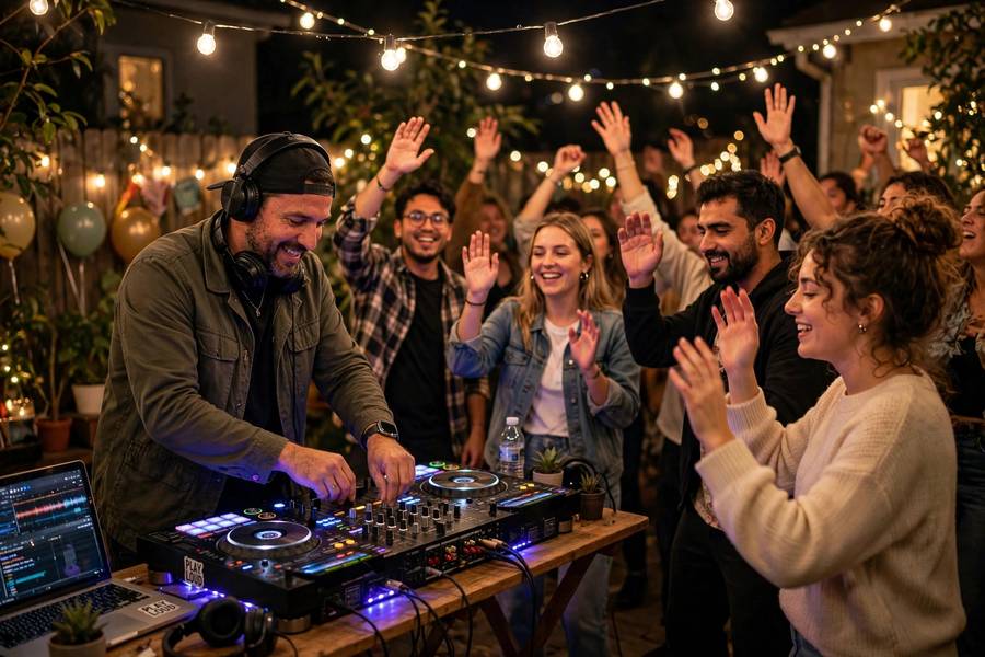 DJ playing first gig at a local party after learning how to become a DJ