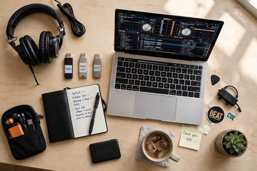 Essential DJ gear laid out for someone starting how to become a DJ