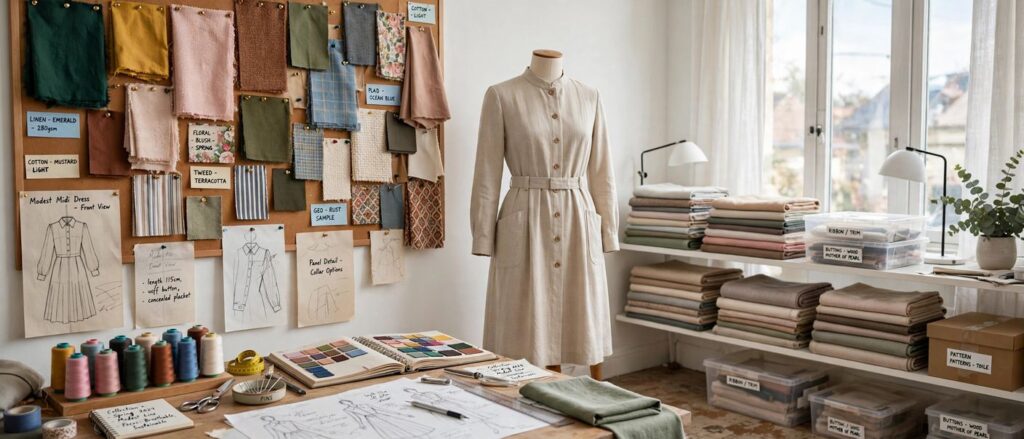 Fashion designer's workspace with fabric swatches, sketches and a dress form in a studio, no people