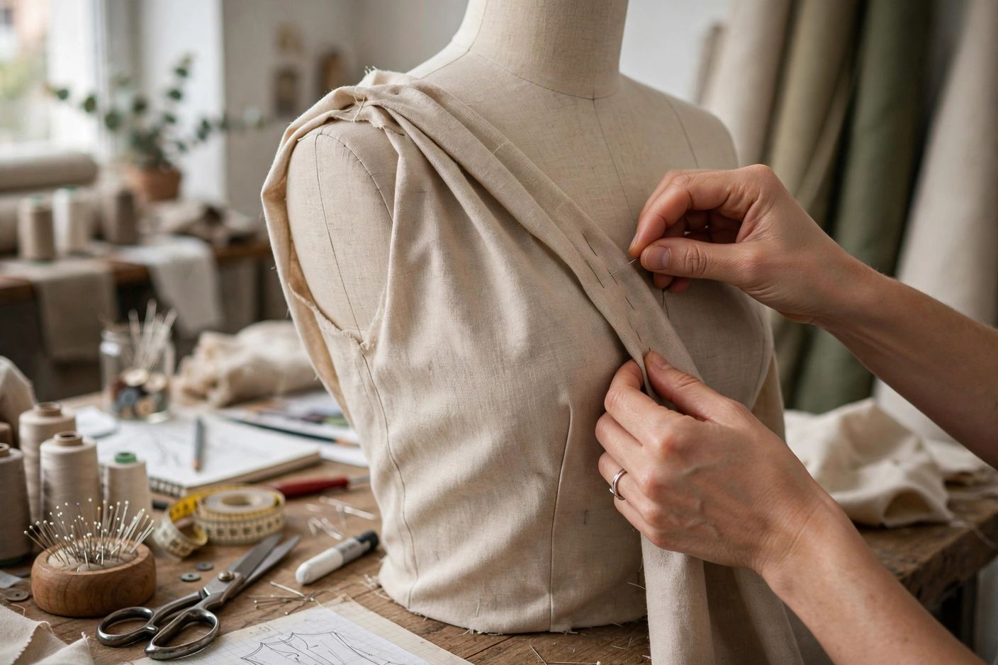 Close-up of hands pinning fabric on a dress form during garment draping in a design studio