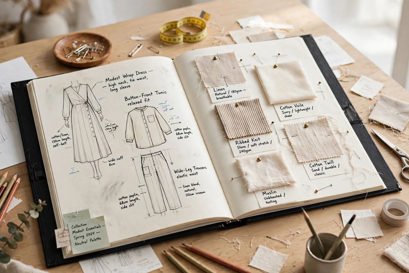Fashion design portfolio open showing garment sketches and fabric samples on a desk