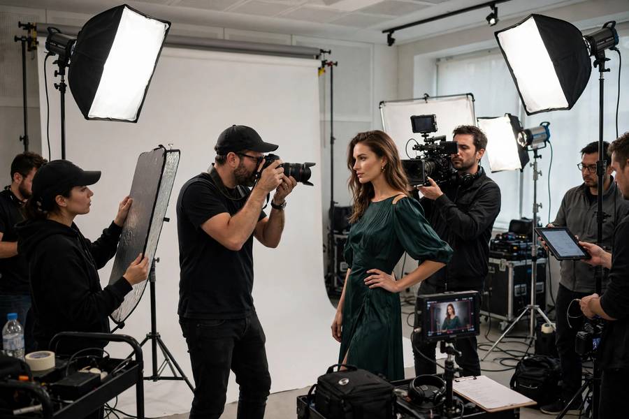 Professional studio photoshoot showing the work behind how to become a model