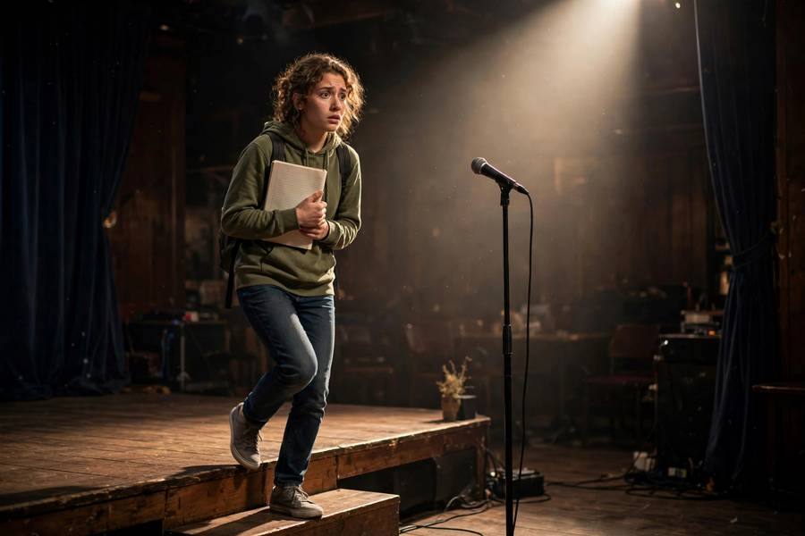 Nervous first-timer stepping onto open mic stage with notebook