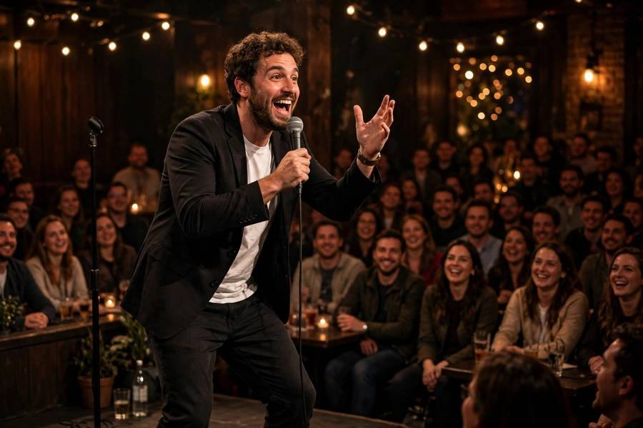 Comedian performing at packed comedy club showcase night