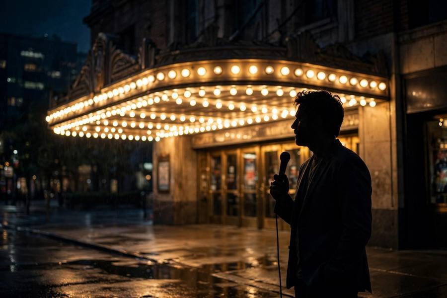 Headliner comedian silhouette against marquee lights outside theater