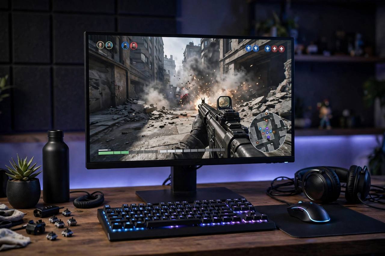 Gamer's desk setup with mechanical keyboard, gaming mouse and monitor showing a competitive ranked match