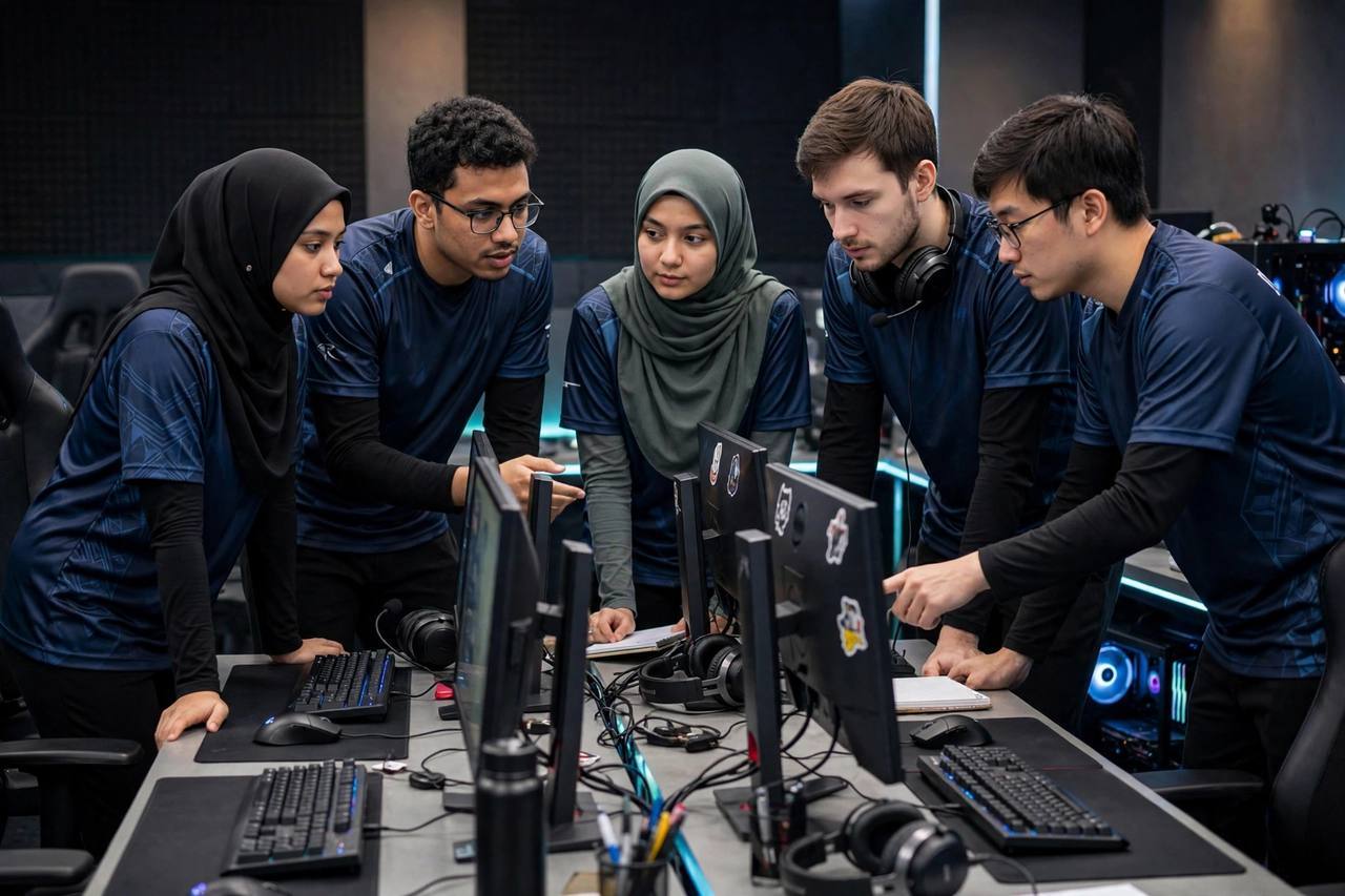 Esports team of five players in matching jerseys strategizing together at their computers before a match