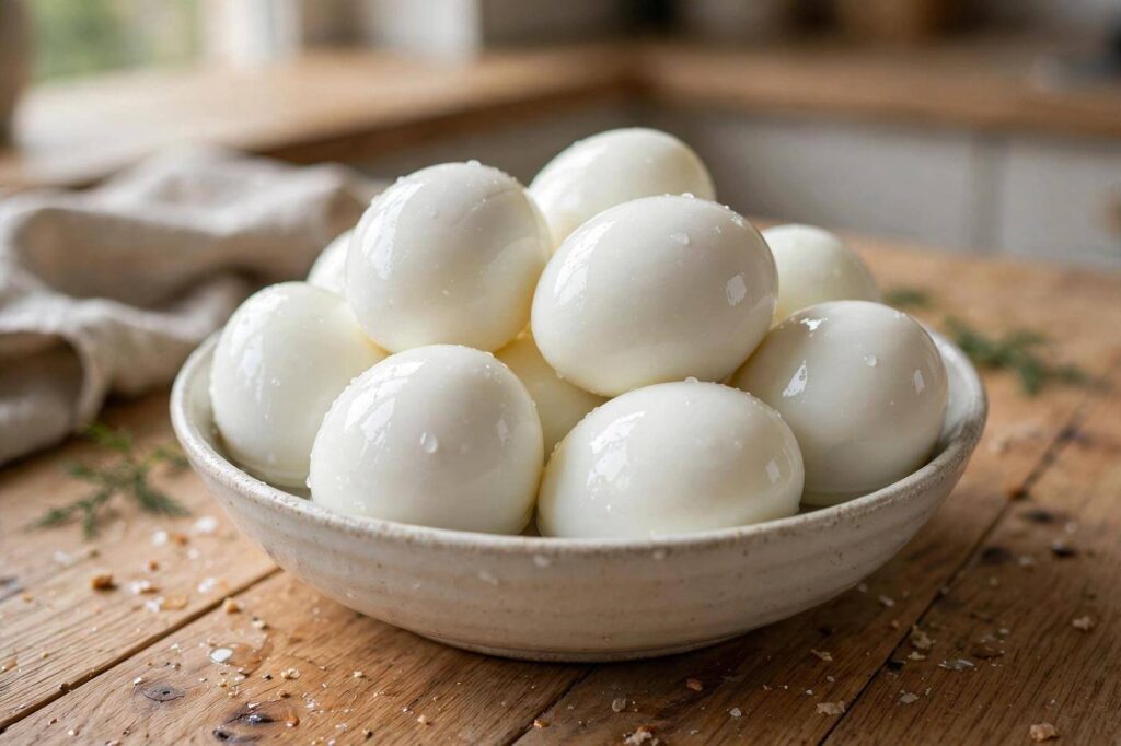 Bowl of perfectly peeled hard boiled eggs with smooth shiny whites on a wooden kitchen counter
