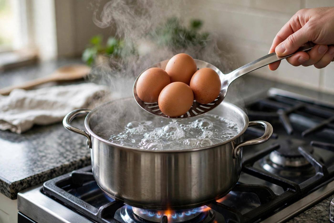 Eggs being lowered with a slotted spoon into a pot of boiling water on a stovetop
