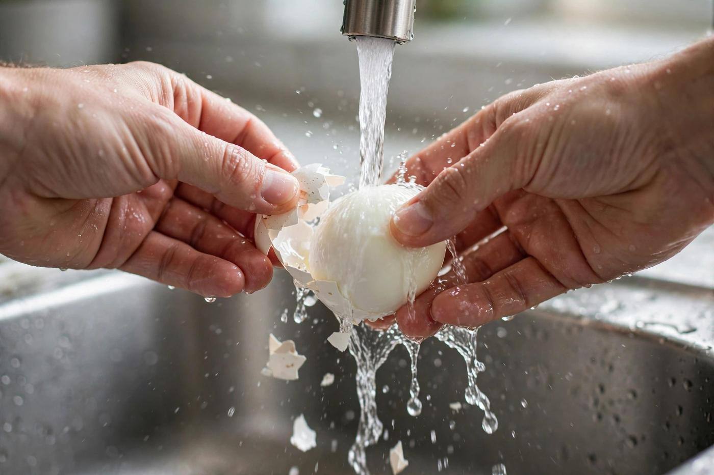 Hands peeling a hard boiled egg under running tap water with shell pieces falling away cleanly