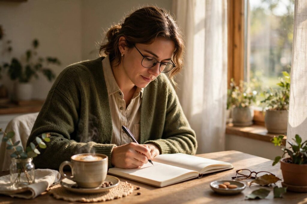 Person writing in a journal about breaking bad habits with morning coffee and sunlight