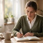 How to Break Bad Habits: A Compassionate, Science-Backed Guide Woman journaling in a notebook about habits at a calm morning desk with tea