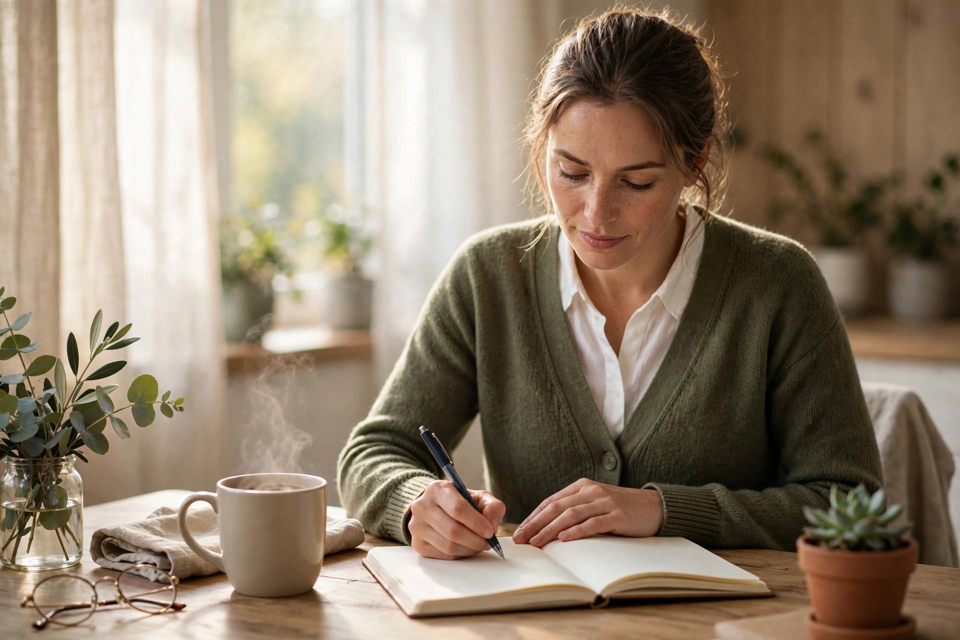 Woman journaling in a notebook about habits at a calm morning desk with tea