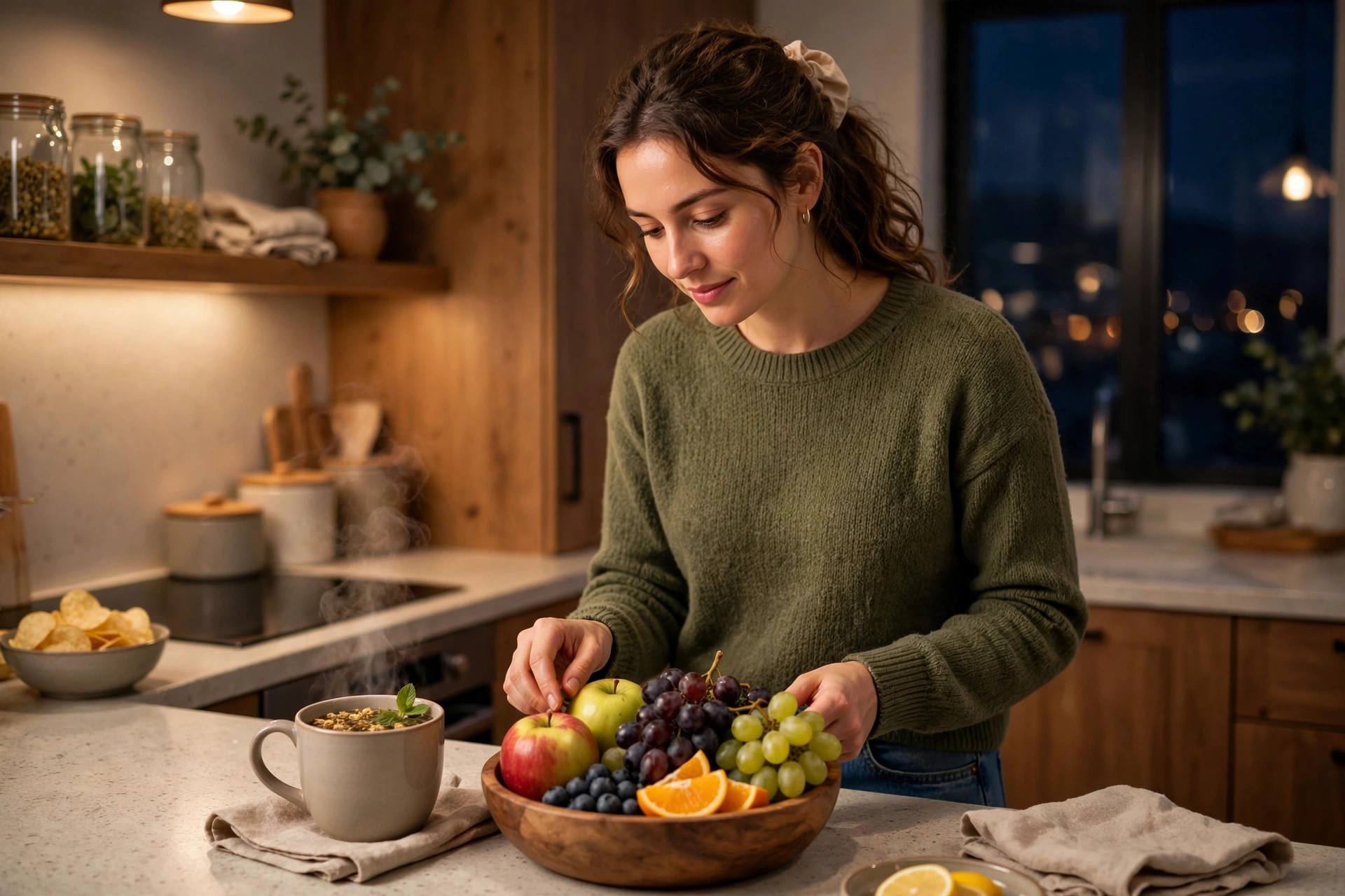 Healthy habit replacement: person choosing herbal tea and fruit instead of late-night snacking in a kitchen