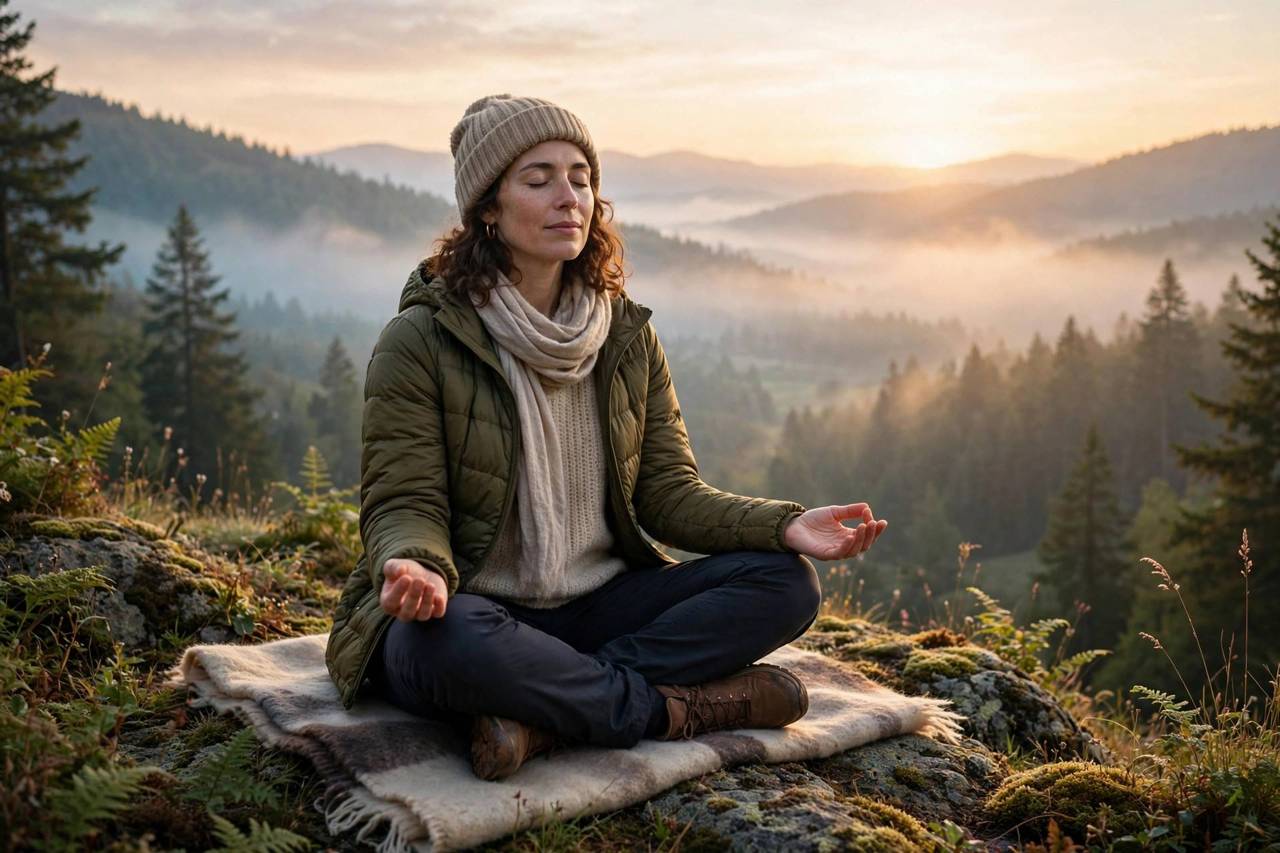 Person meditating peacefully at sunrise practicing self-compassion during habit change journey