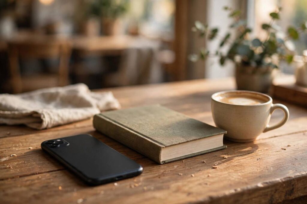 Smartphone lying face-down on a wooden table next to a book and coffee, peaceful cafe scene