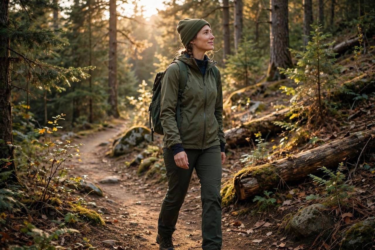 Person hiking on a forest trail without a phone, enjoying nature, modest outdoor clothing