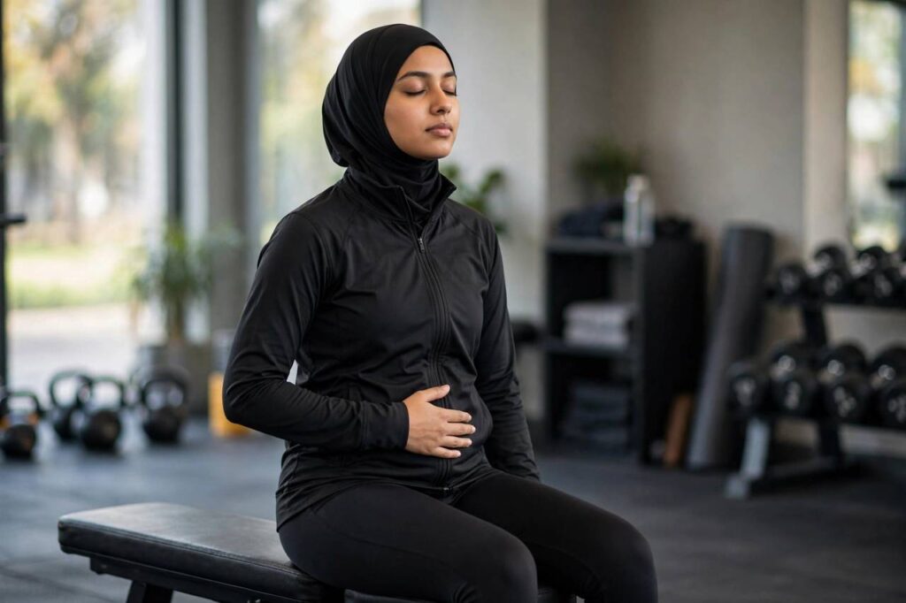 Person in modest full-coverage athletic wear practicing deep diaphragmatic breathing while seated on a gym bench