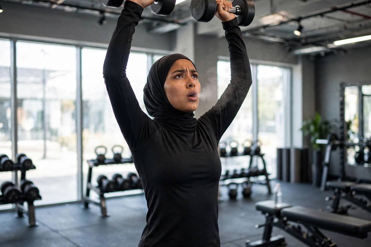 Person in modest full-coverage athletic wear exhaling during a dumbbell overhead press in a gym