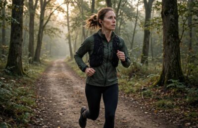 Runner practicing rhythmic breathing technique while running on a trail