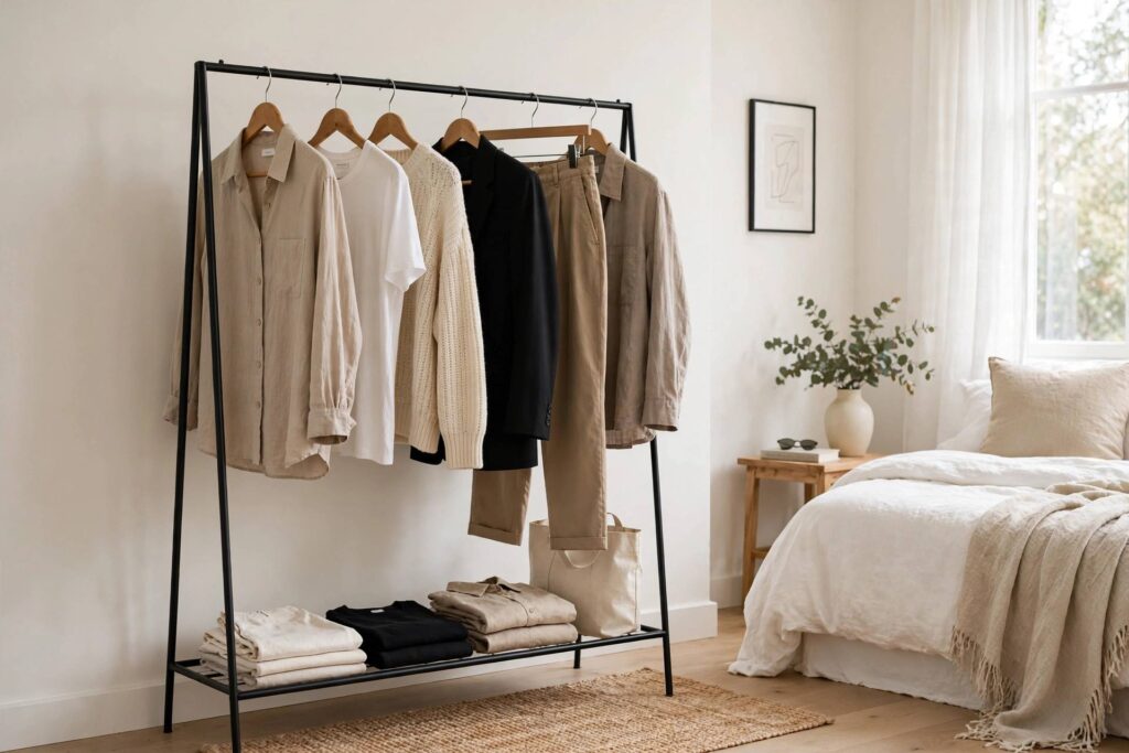 Minimalist capsule wardrobe clothing rack with neutral-toned timeless garments in a bright bedroom