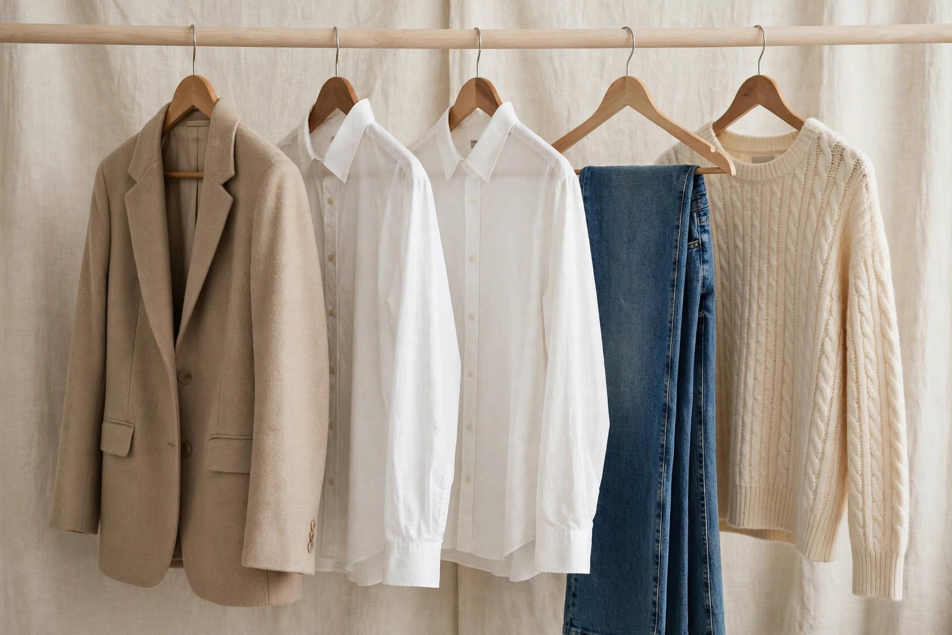 Neatly arranged capsule wardrobe essentials in neutral tones on hangers: blazer, white shirts, jeans, and knitwear