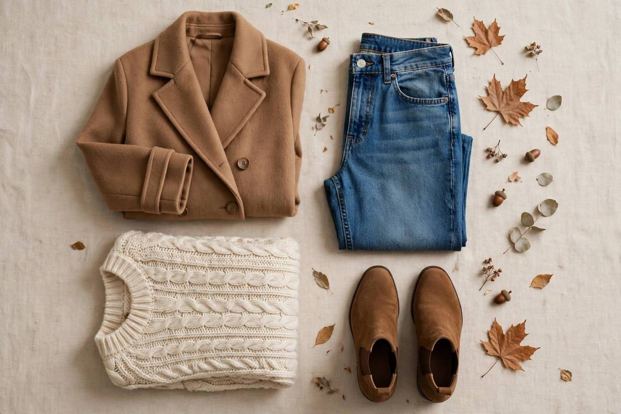 Flat lay of a fall capsule wardrobe with camel coat, knit sweater, jeans, and ankle boots on a beige background