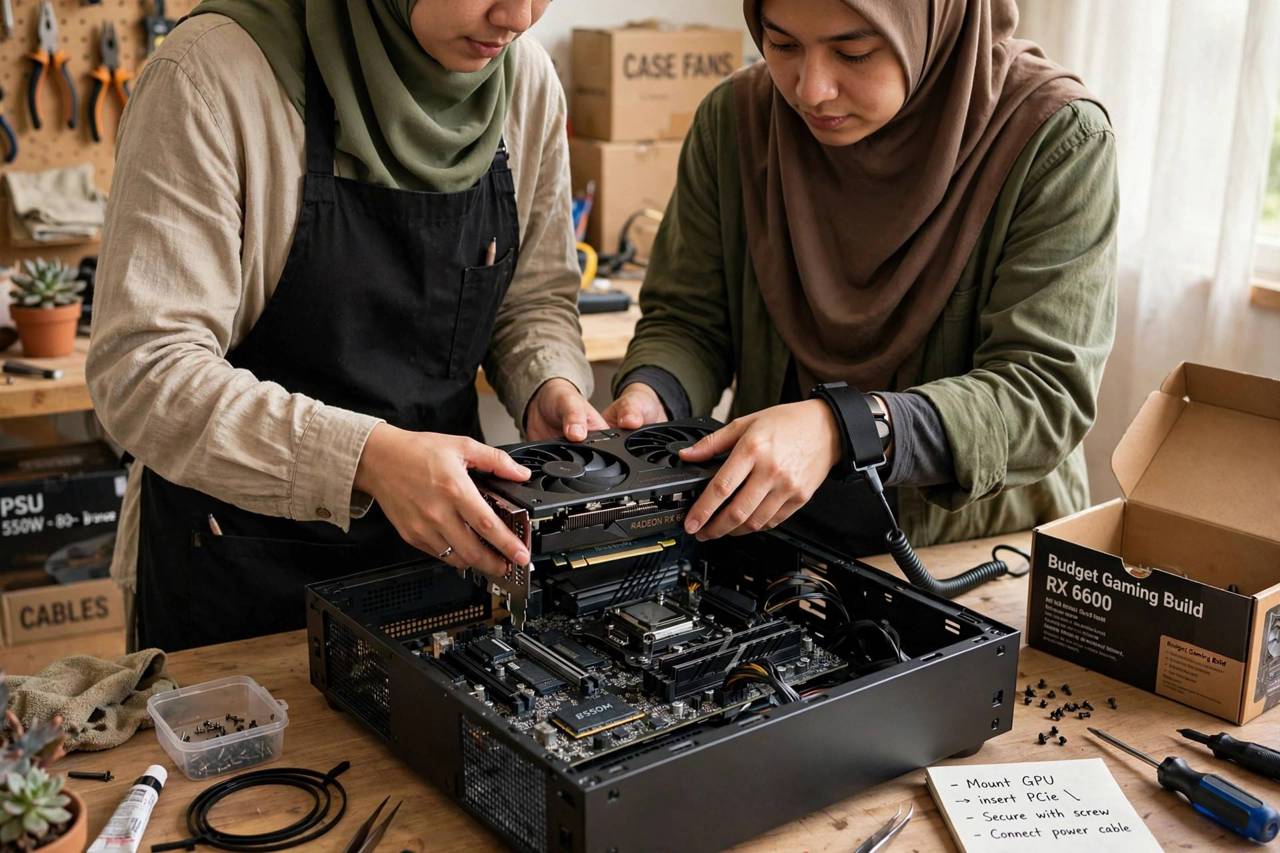 Hands installing a graphics card into a budget gaming PC build on a workbench