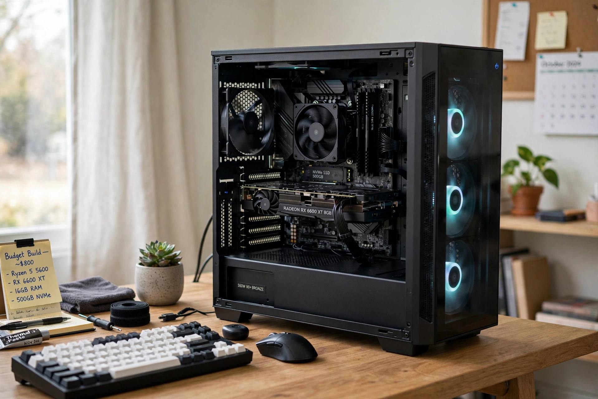 A completed budget gaming PC tower with components visible through a side panel