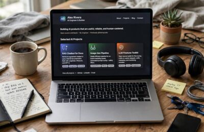 A personal AI portfolio website displayed on a laptop