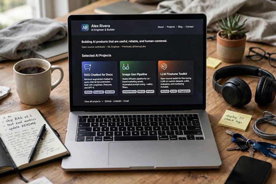 A personal AI portfolio website displayed on a laptop