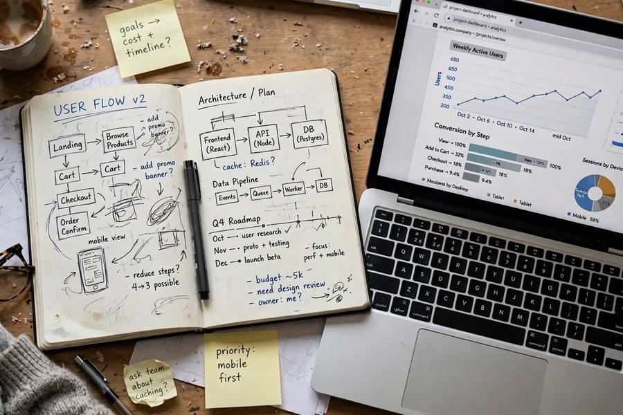 Project sketches and data charts in a learning notebook