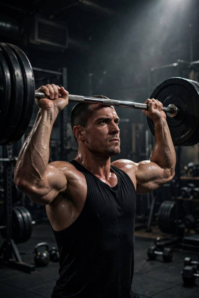 Muscular man performing heavy overhead press