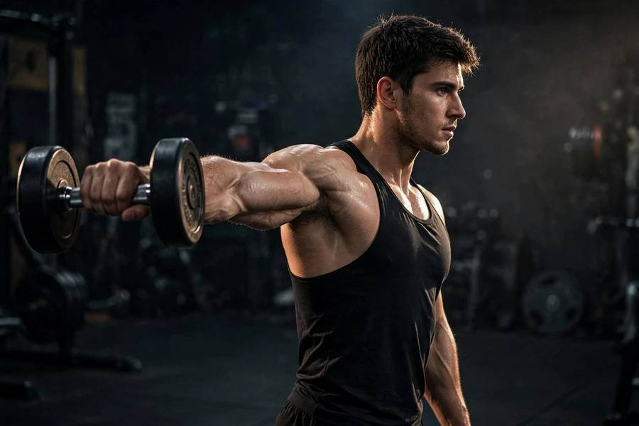 Athlete doing dumbbell lateral raise showing side delt definition