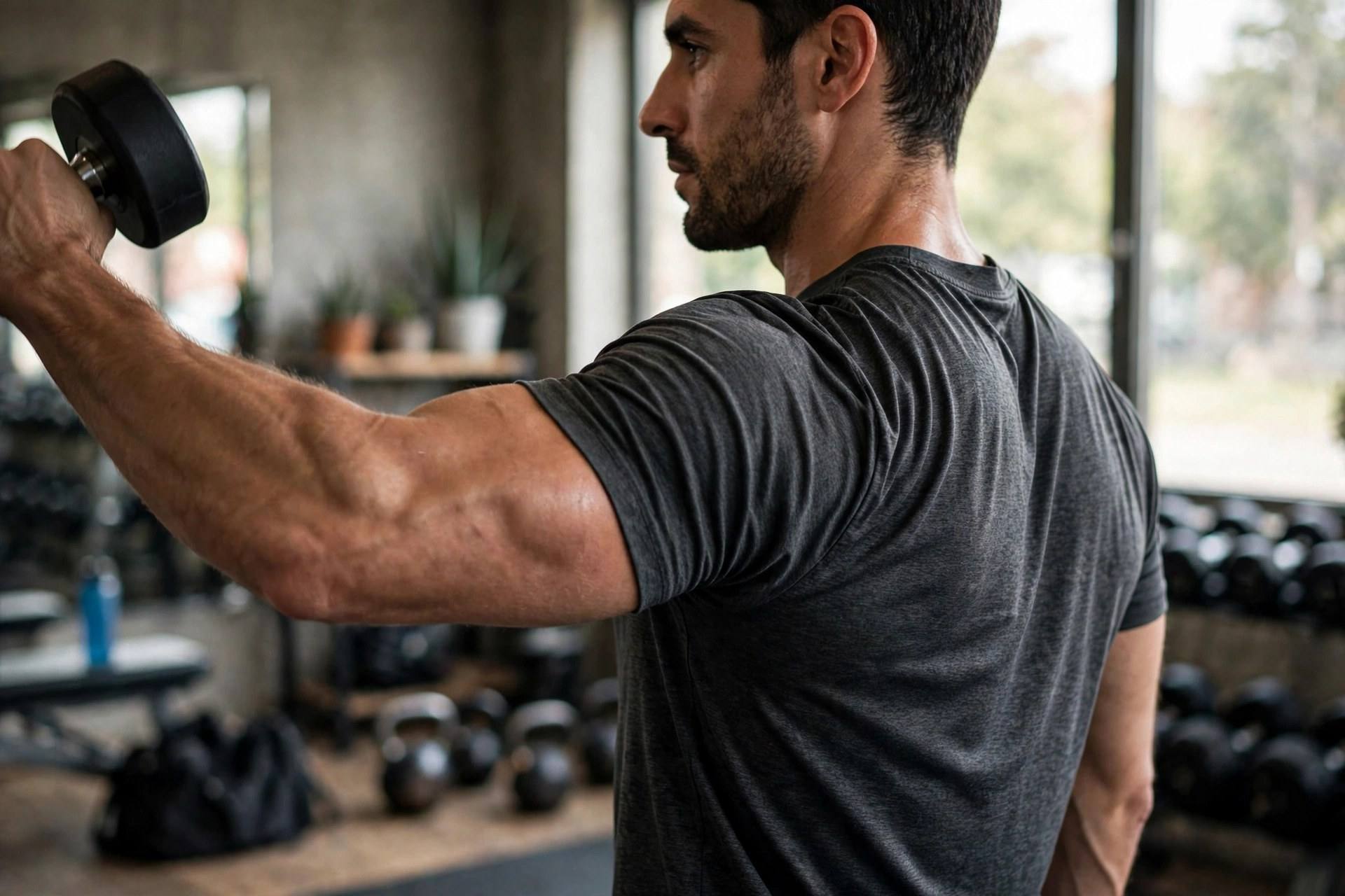 Close-up of developed shoulder muscles viewed from the side