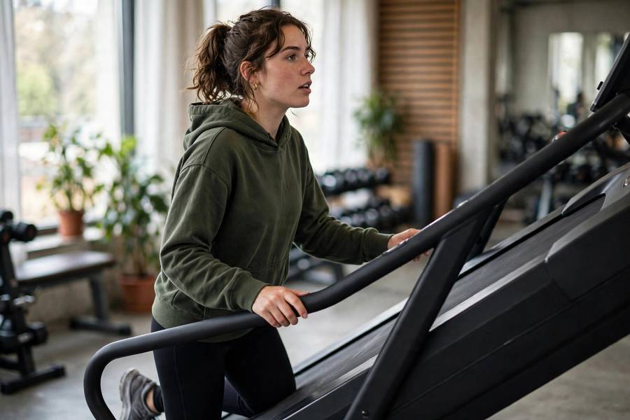 Beginner walking briskly on treadmill incline