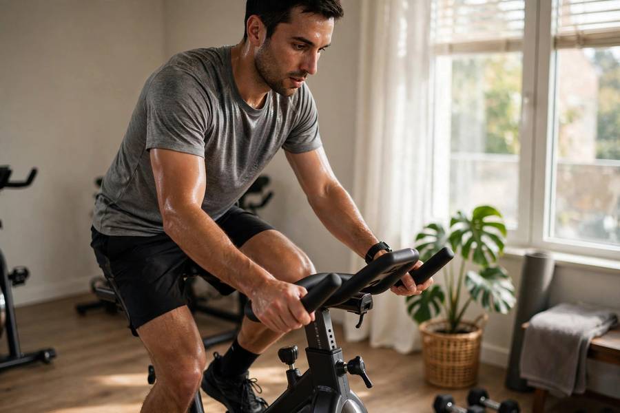 Athlete cycling on stationary bike for cardio base