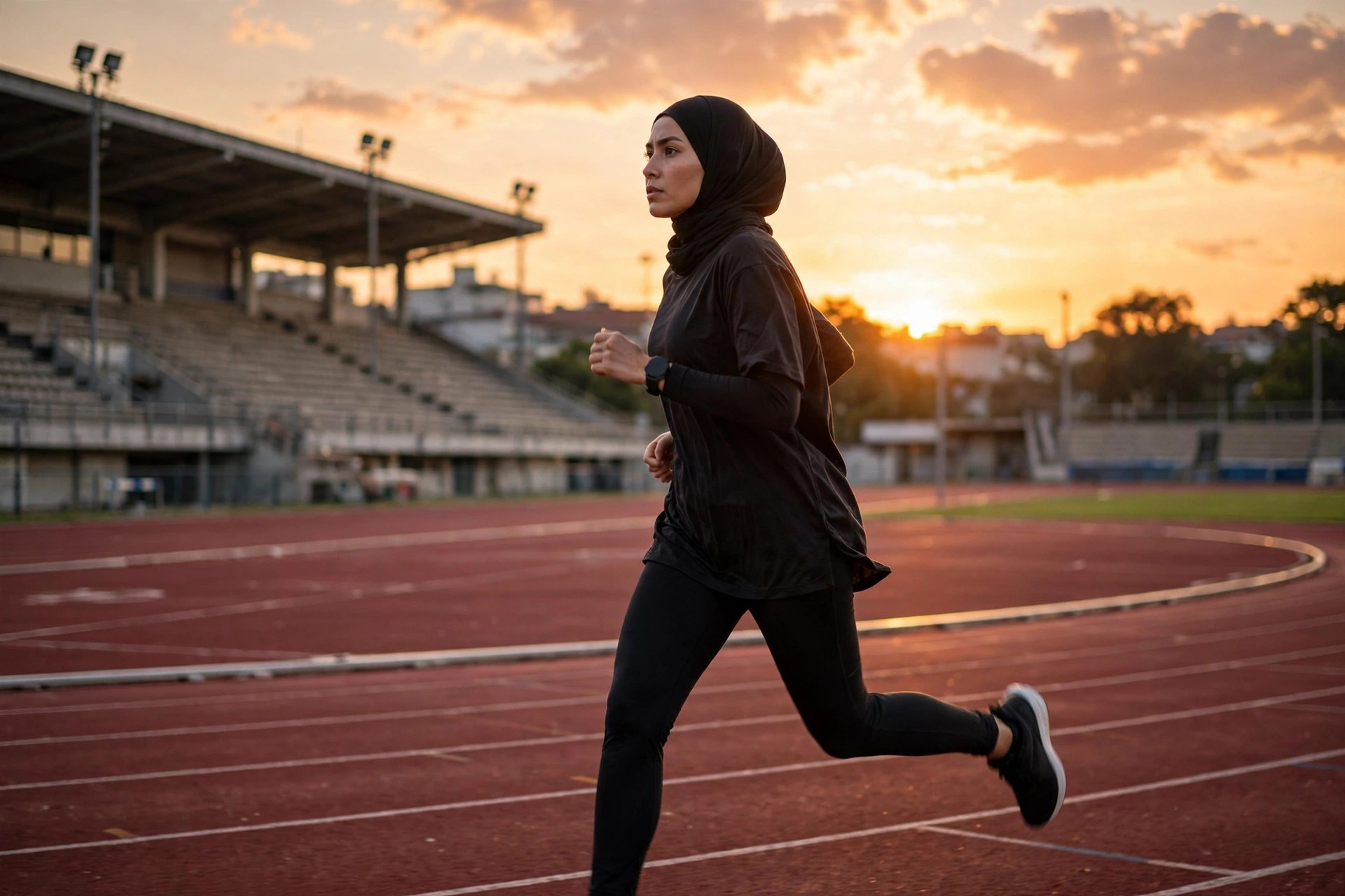 Runner doing interval session on track at sunset