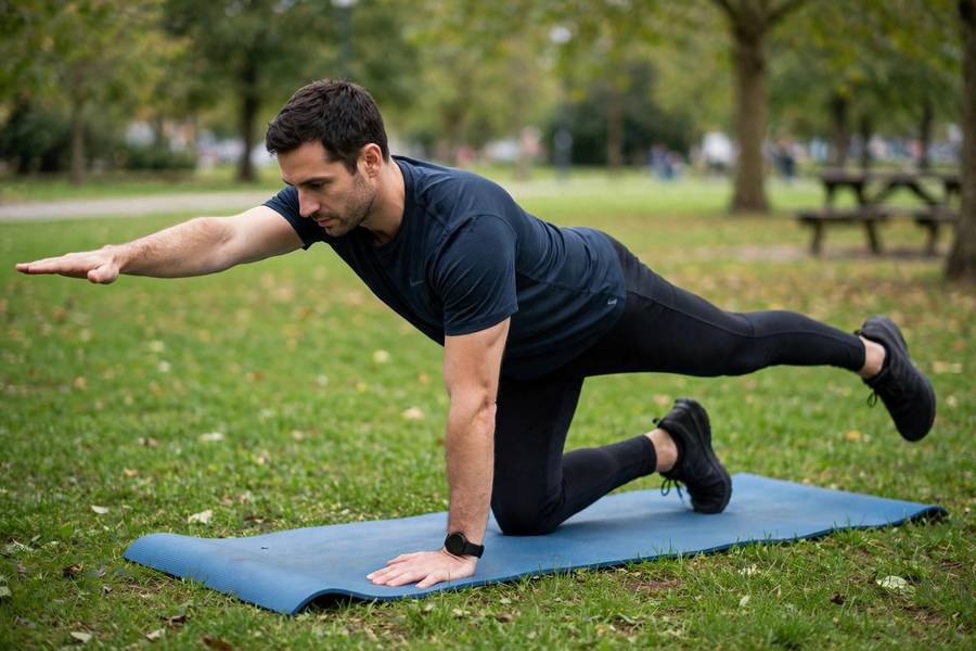 Man doing bird dogs outdoors as part of how to build core strength