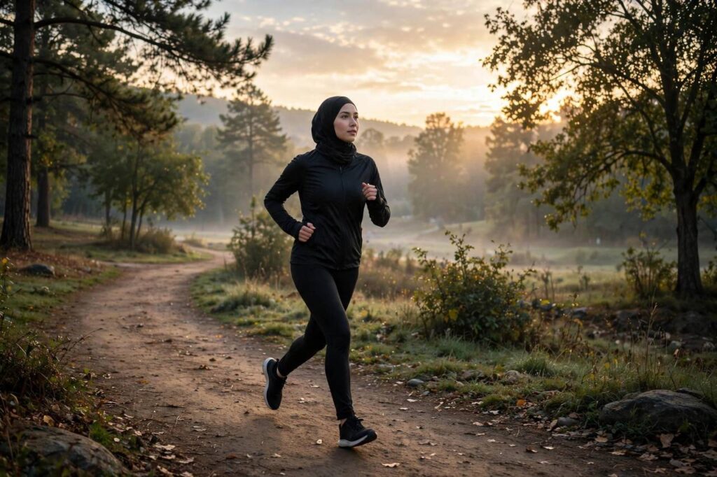 Person in modest full-coverage athletic wear (torso fully covered, no midriff, full-length leggings) jogging on a park trail at sunrise, landscape