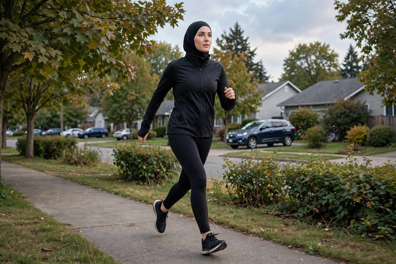 Person in modest full-coverage athletic wear (torso fully covered, no midriff, full-length leggings) walking briskly on a suburban path, landscape