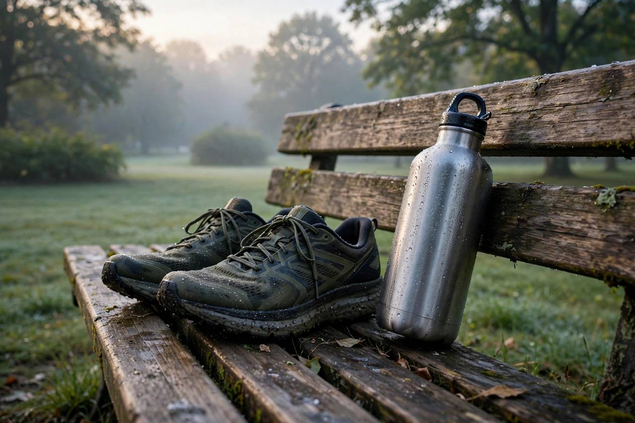 Running shoes and water bottle on a park bench at dawn, no people, landscape