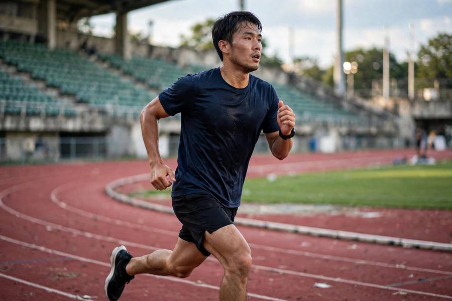 Athlete doing track interval workout at stadium