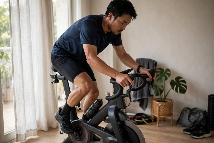 Person cycling on stationary bike for endurance training