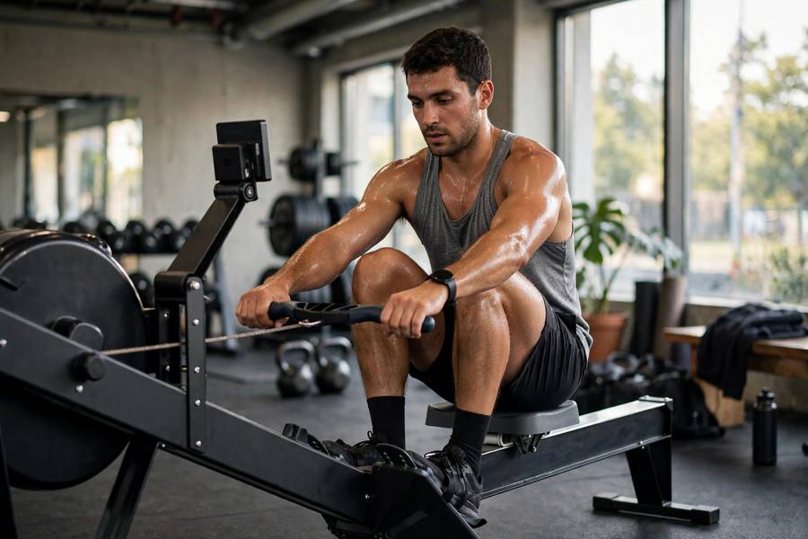 Athlete rowing on indoor rower in gym