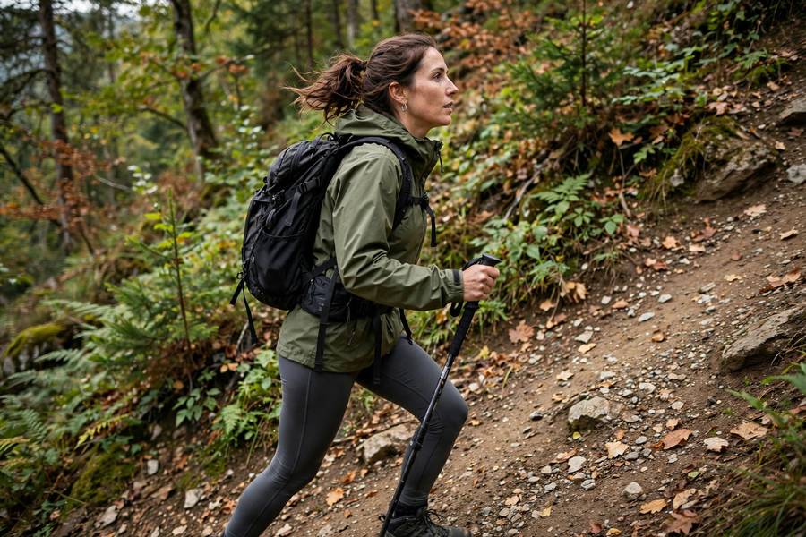 Hiker walking briskly uphill on incline trail