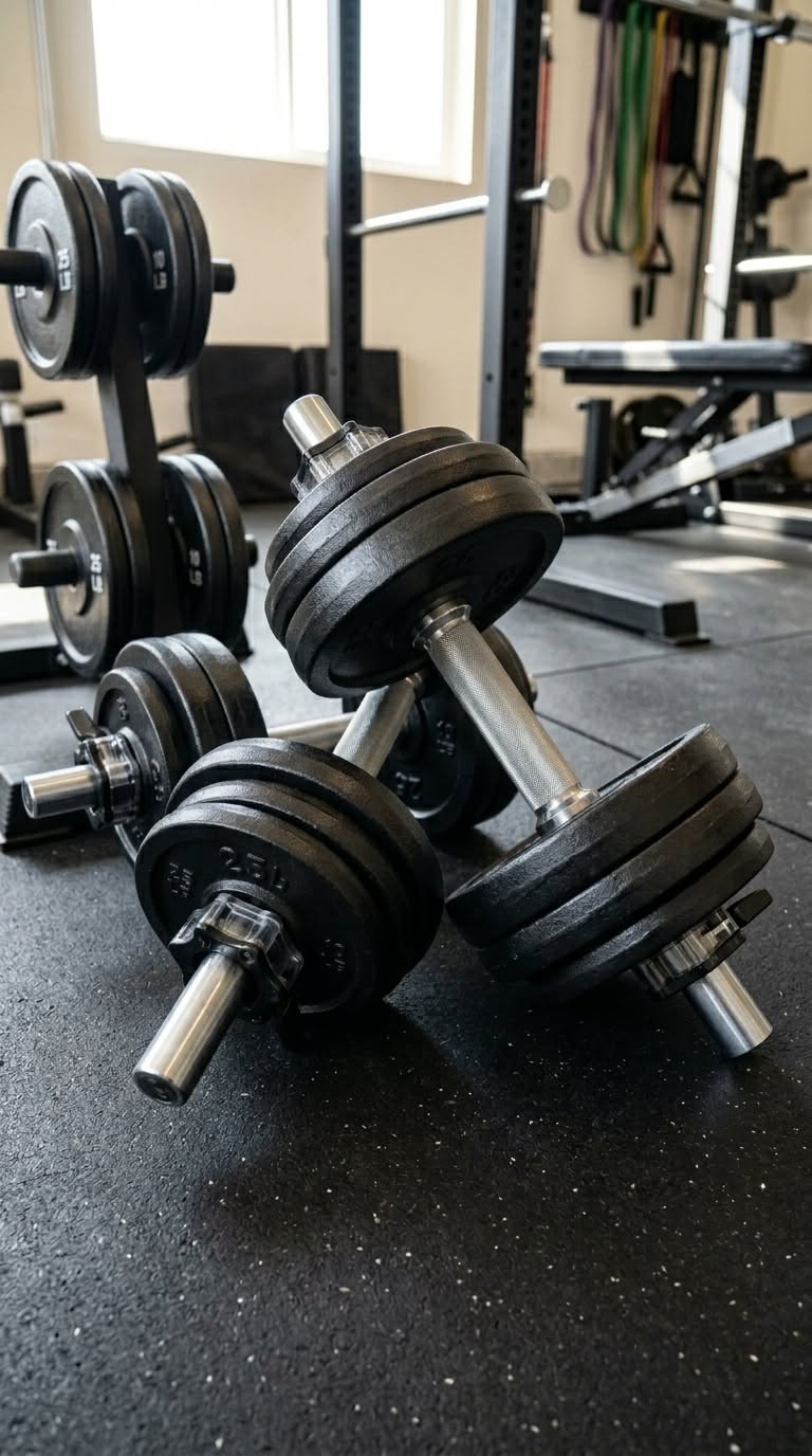 A pair of dumbbells resting on a workout mat on a home floor